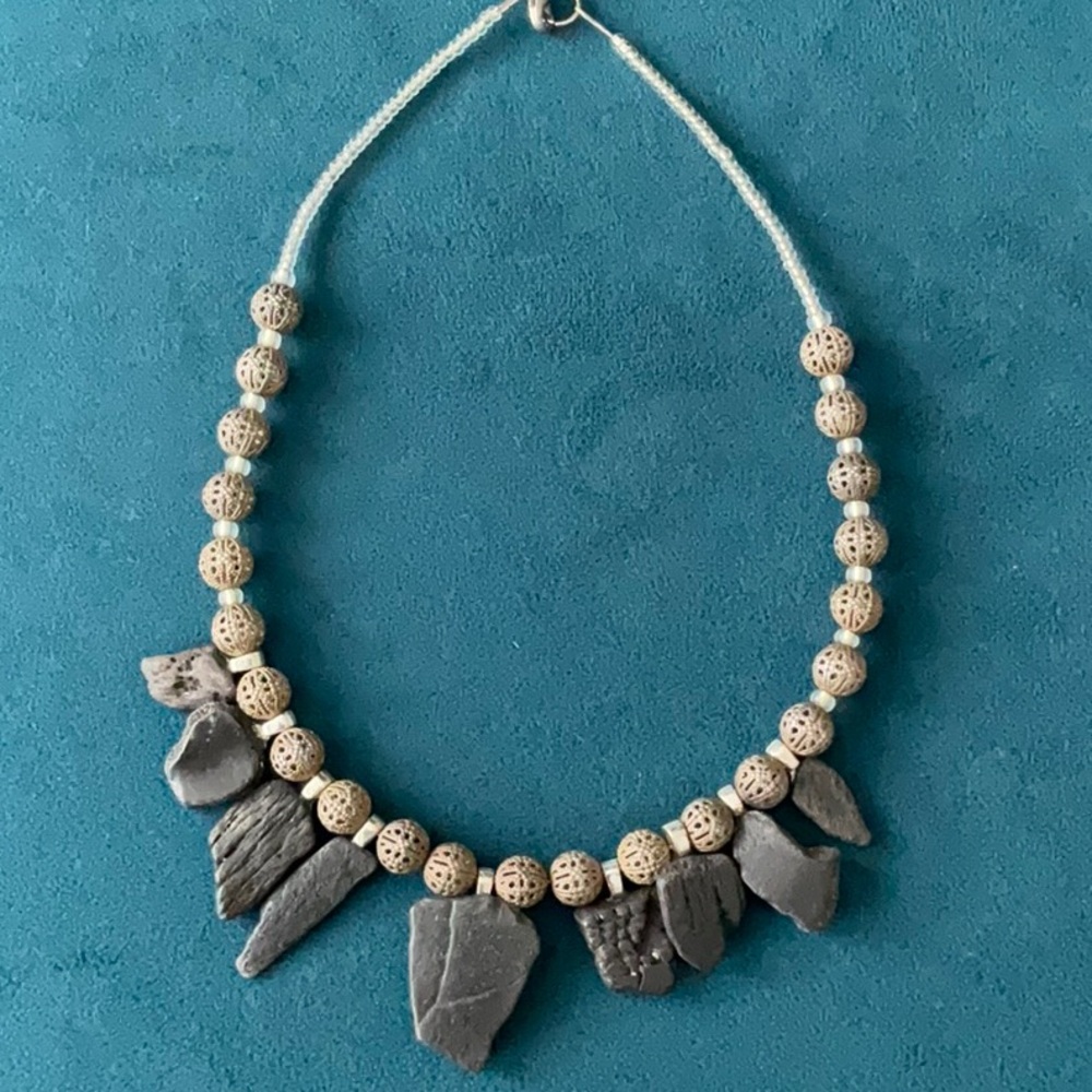 Handmade Necklace - Antiqued Silver Beads - Brown Stone Like Beads